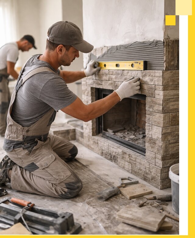 Облицовка каминов в Подольске, монтаж и отделка натуральным камнем